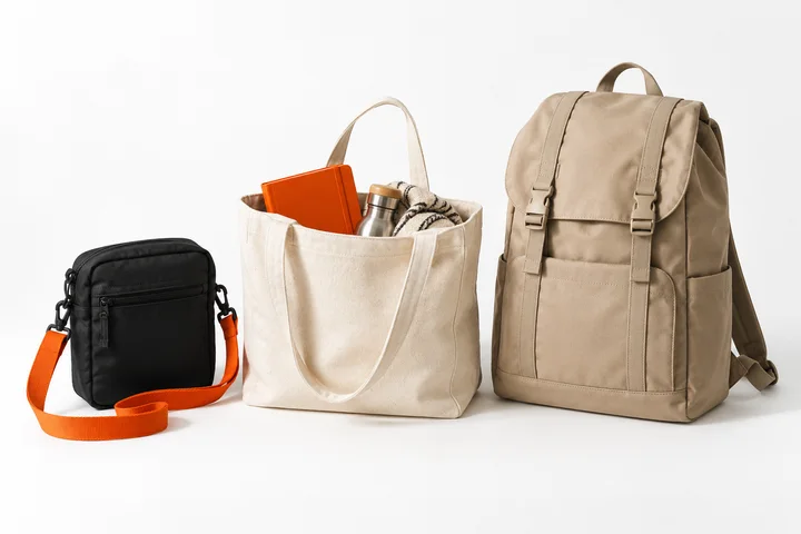 A compact crossbody, canvas tote and larger backpack photographed together against white.