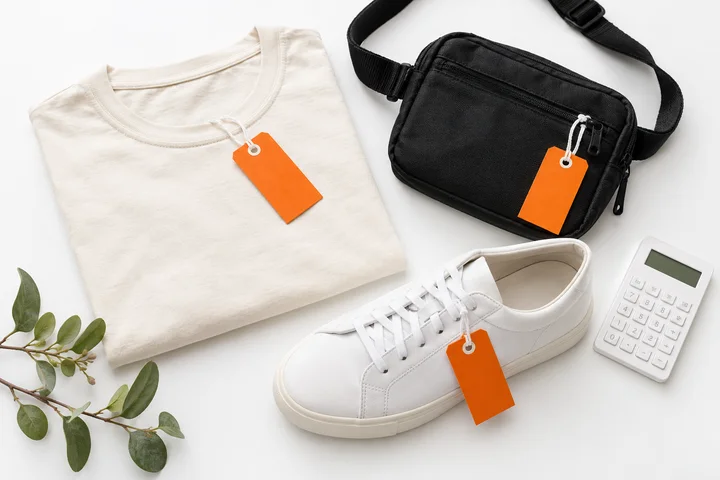 Unbranded everyday fashion pieces with blank orange price tags on a white background.