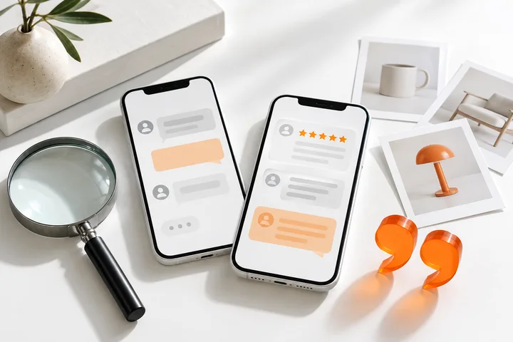 Phones displaying abstract conversation bubbles beside a magnifying glass and product cards.