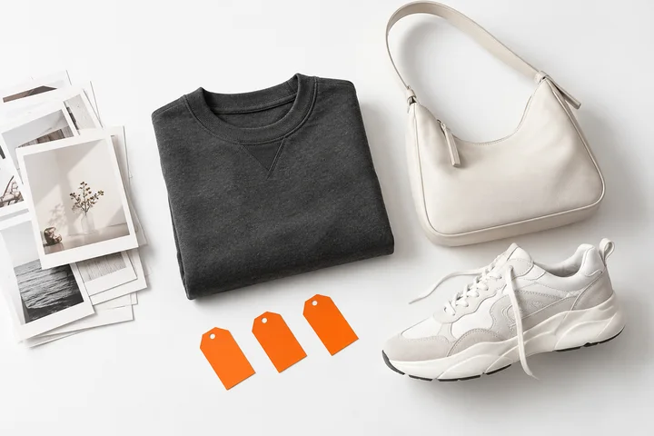 A small curated selection of a sweatshirt, bag and sneaker beside product cards on a white table.