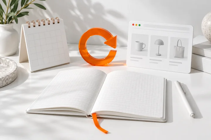 A calendar, grid notebook and orange refresh symbol arranged on a bright white desktop.