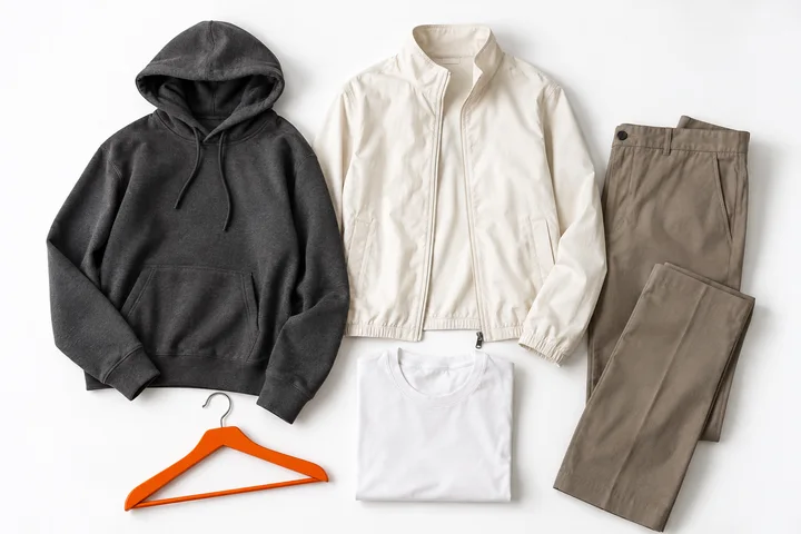 A hoodie, light jacket, trousers and base-layer T-shirt laid out on white with an orange hanger.