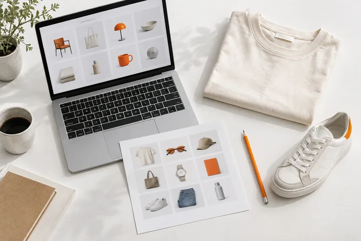 Editorial still life of a product contact sheet, laptop and clothing on a white desk with orange accents.